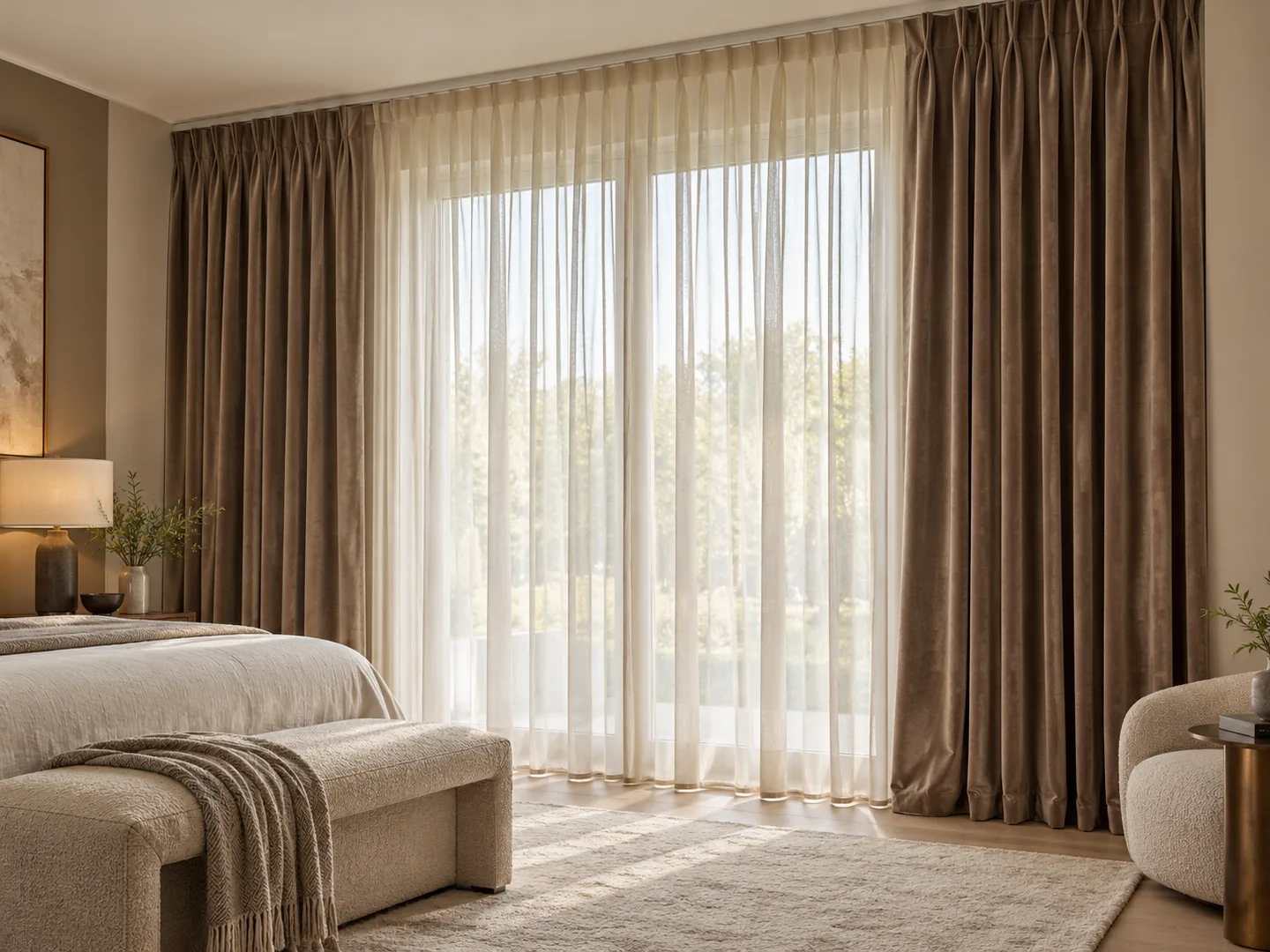 Room with layered ivory sheers and warm taupe velvet curtains