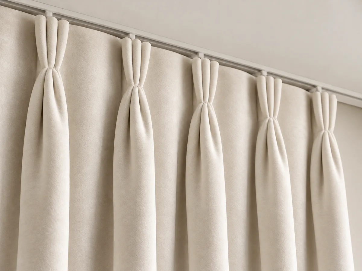 Close-up of soft pearl velvet triple pinch pleats on a ceiling-mounted track