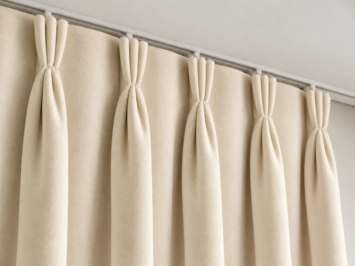 Close-up of warm ivory velvet triple pinch pleats on a ceiling-mounted track