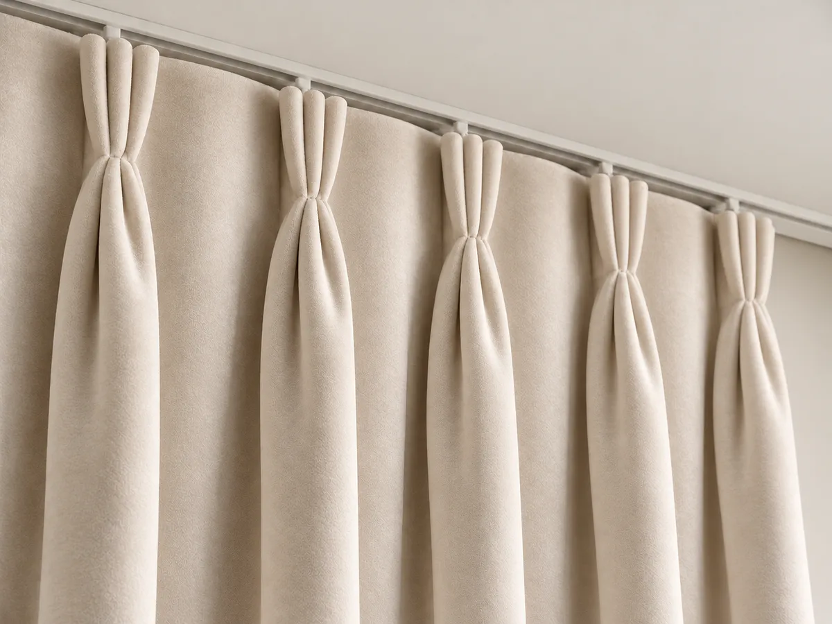 Close-up of pale oyster velvet triple pinch pleats on a ceiling-mounted track