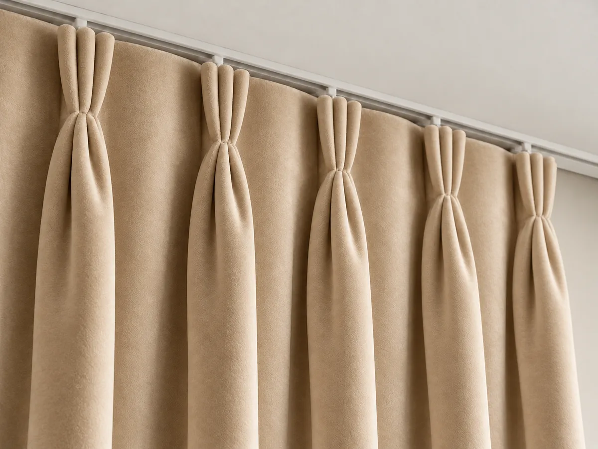 Close-up of warm beige velvet triple pinch pleats on a ceiling-mounted track