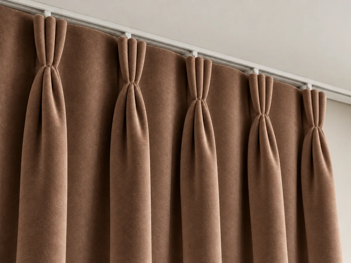 Close-up of warm mocha velvet triple pinch pleats on a ceiling-mounted track