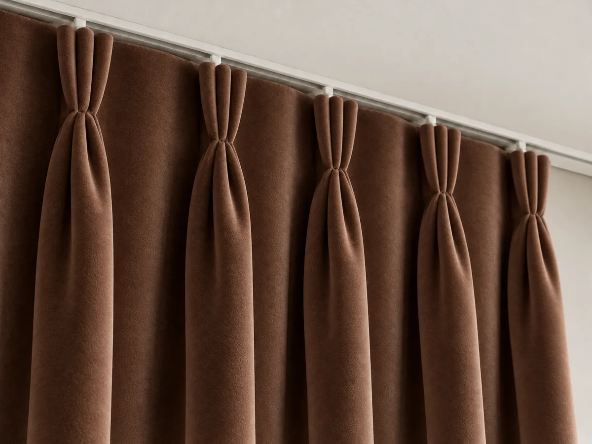 Close-up of rich cocoa velvet triple pinch pleats on a ceiling-mounted track