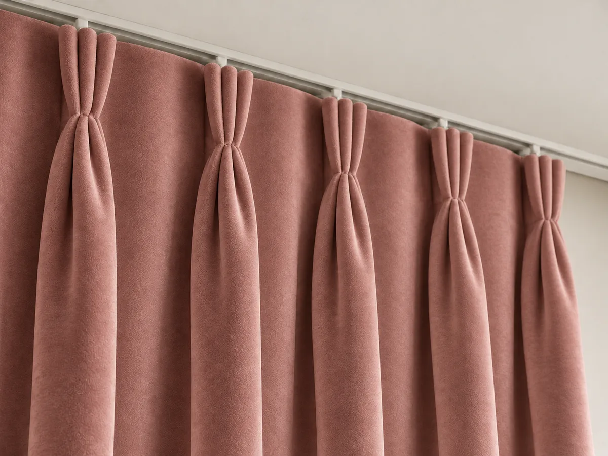 Close-up of dusty rose velvet triple pinch pleats on a ceiling-mounted track
