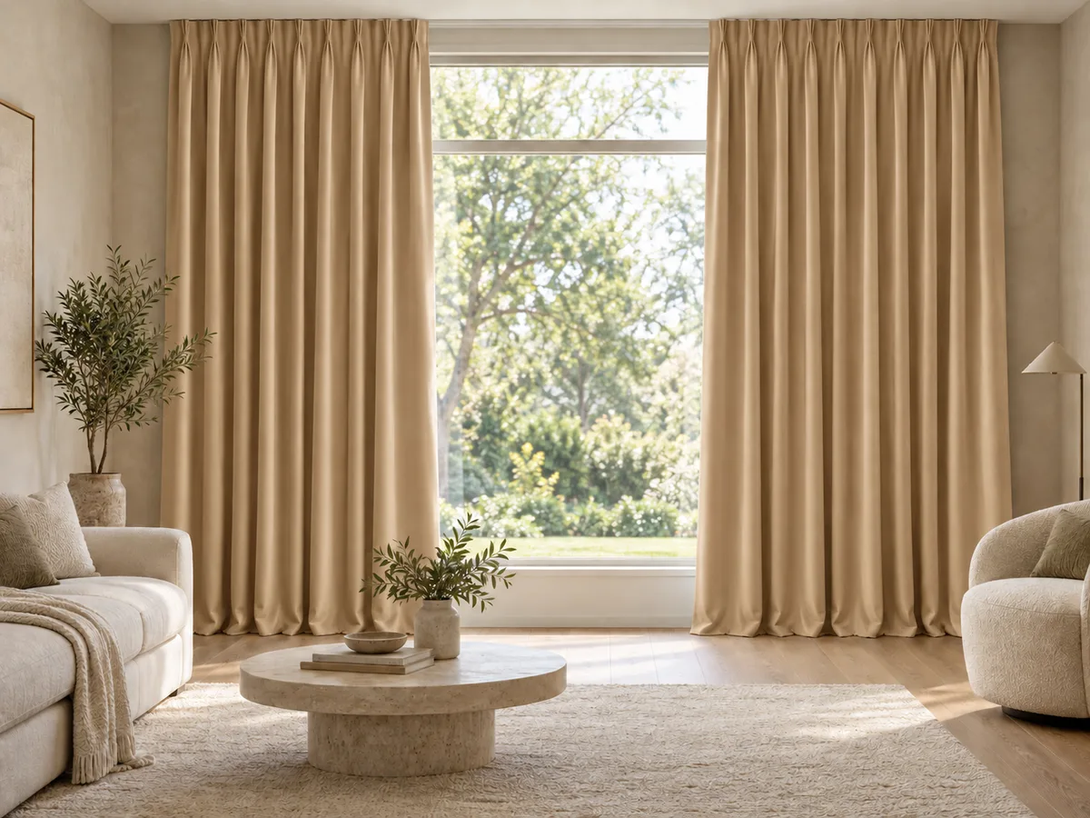 Furnished room with full-length warm beige velvet curtains on a ceiling track