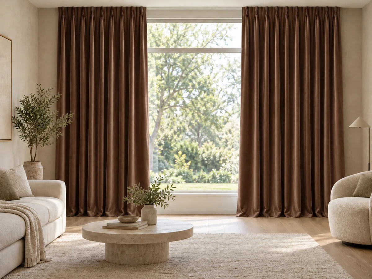 Furnished room with full-length rich cocoa velvet curtains on a ceiling track