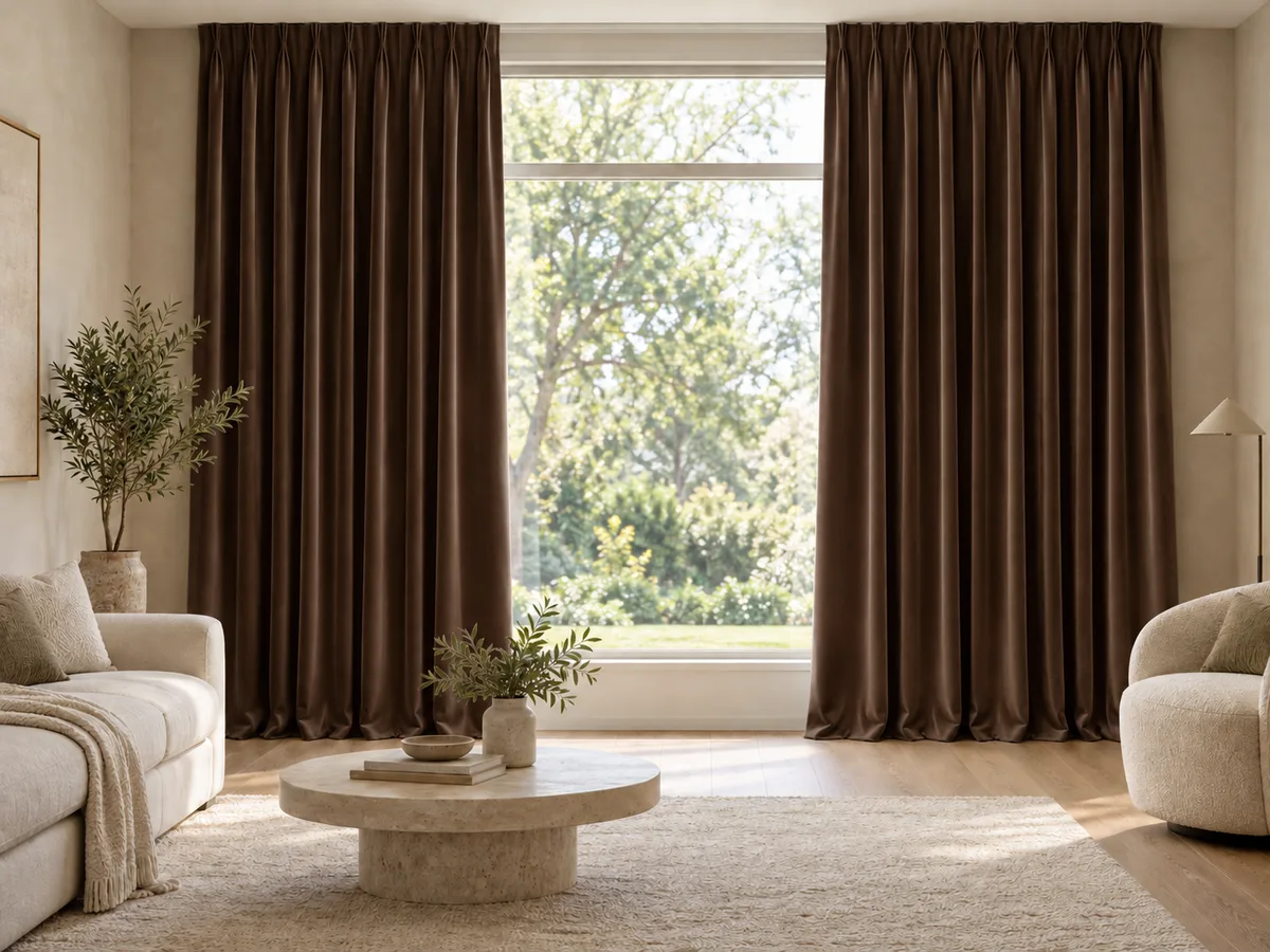 Furnished room with full-length espresso velvet curtains on a ceiling track