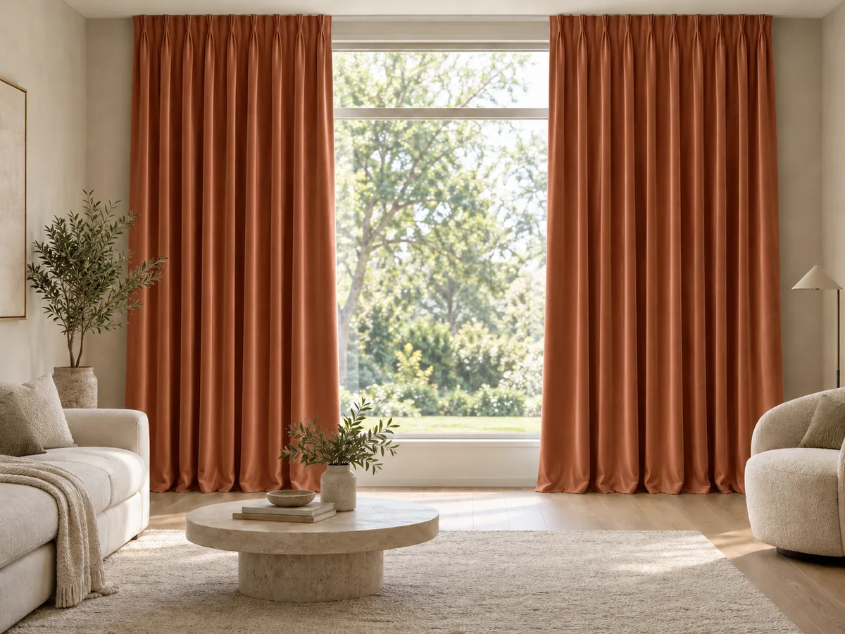 Furnished room with full-length terracotta velvet curtains on a ceiling track