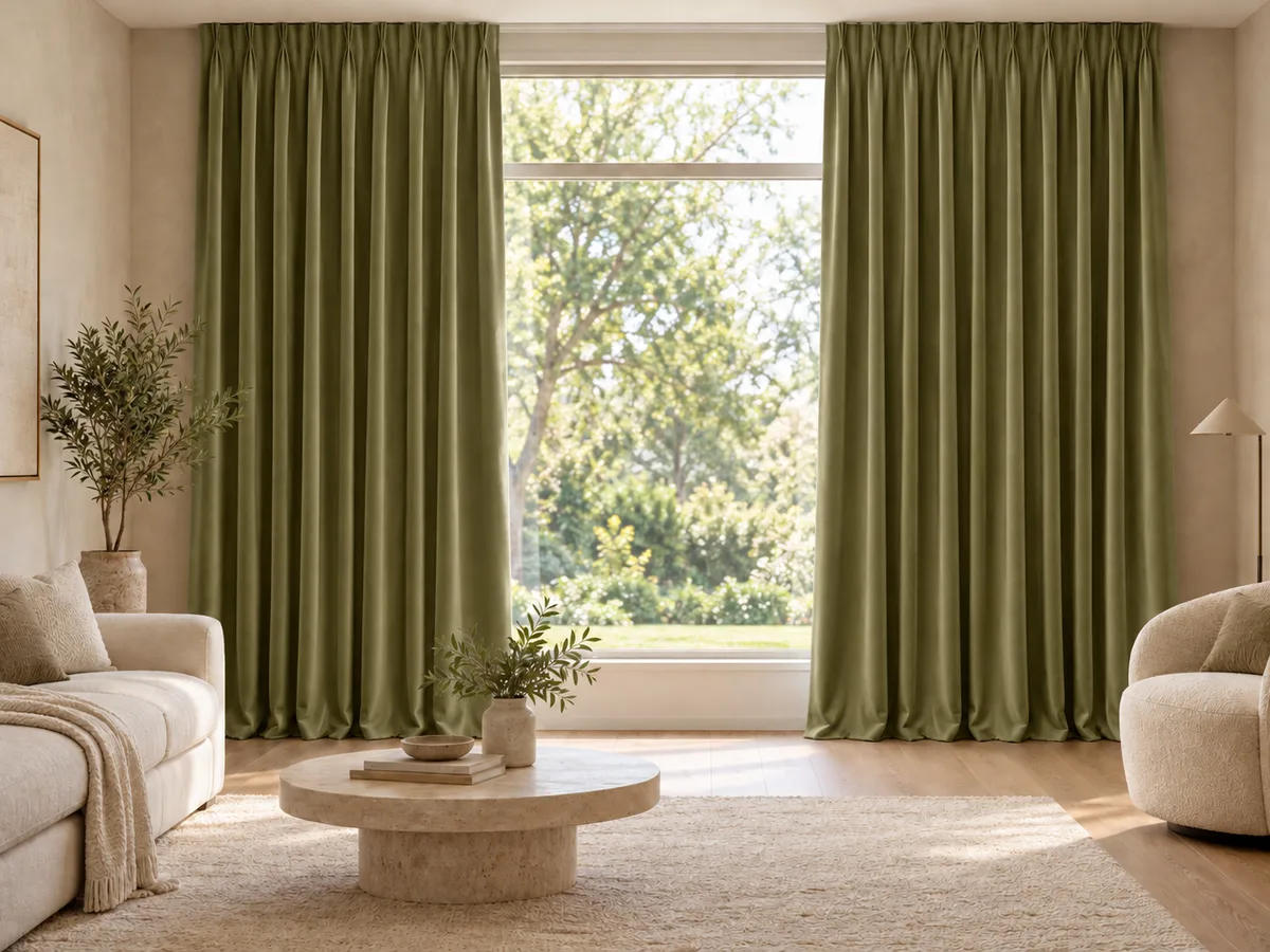 Furnished room with full-length soft olive velvet curtains on a ceiling track