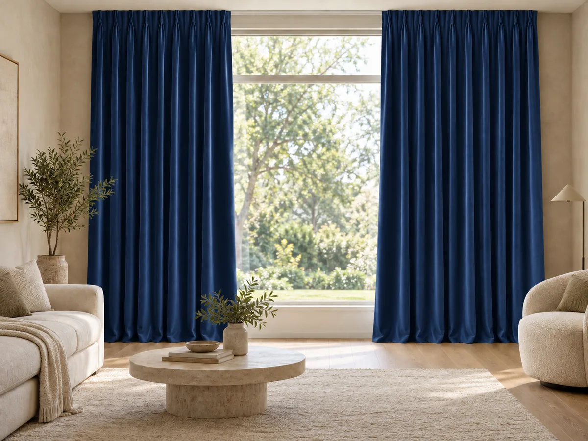 Furnished room with full-length classic navy velvet curtains on a ceiling track