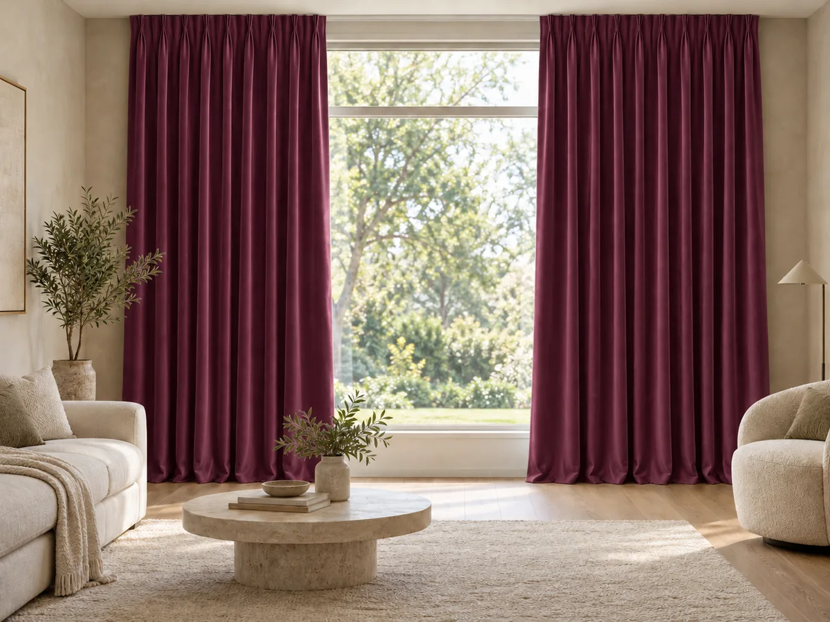 Furnished room with full-length deep plum velvet curtains on a ceiling track